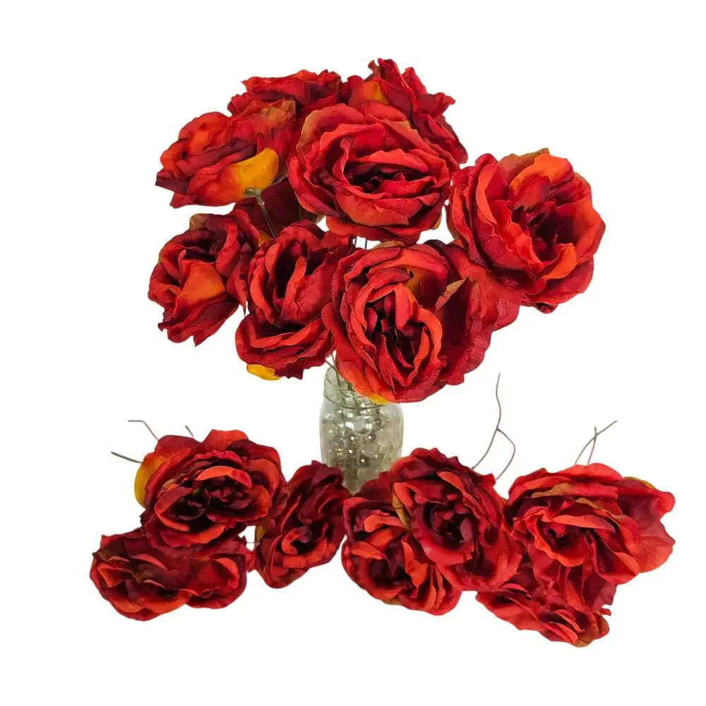 Artificial Large Red Orange Roses 16 Stems Faux Silk Fall Wedding Floral Lot